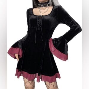 Plus Size Gothic Lace Up Black Velvet Long Flare Sleeve Mini Dress Whimsigoth
